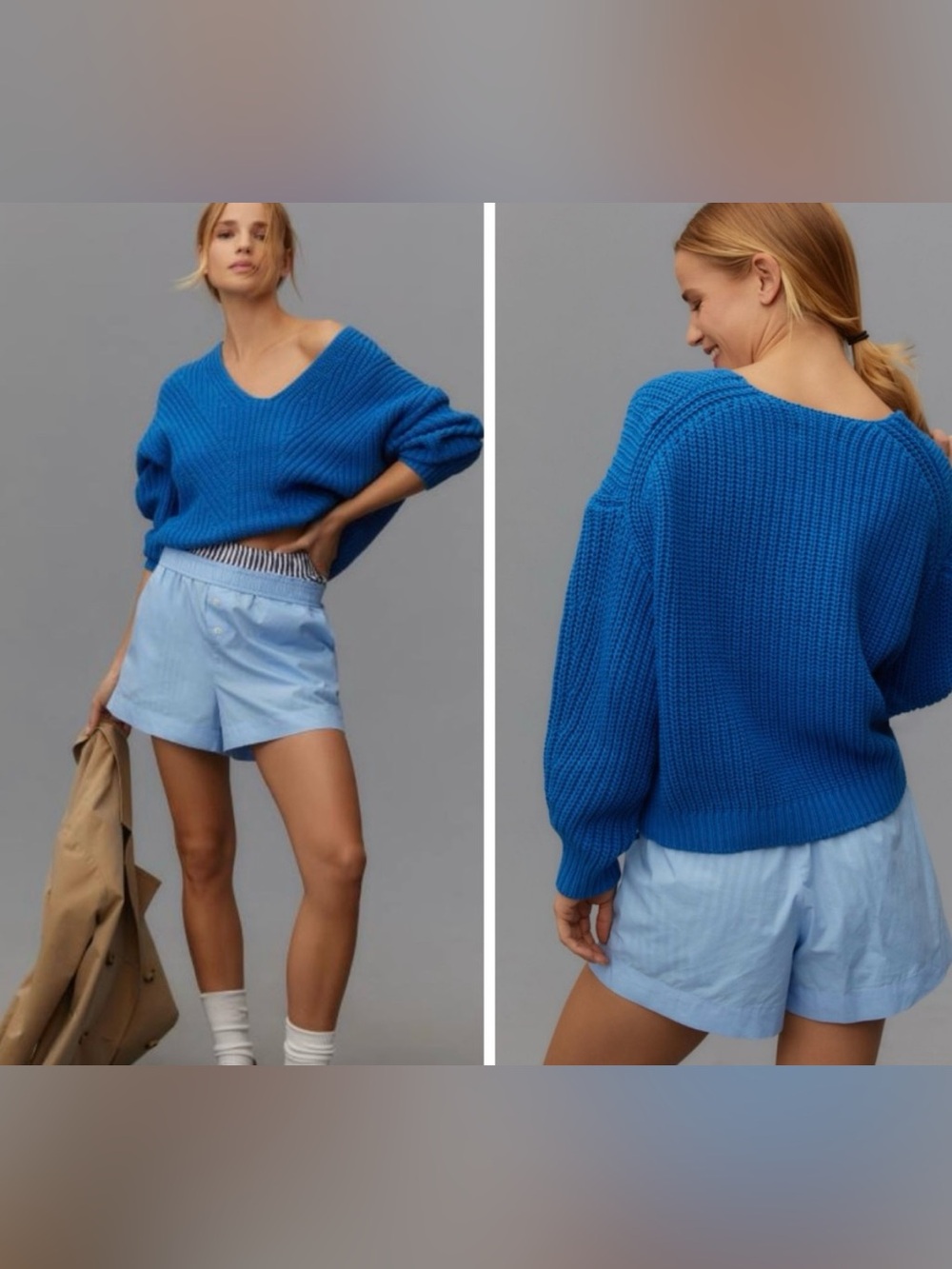 Maeve Anthropologie V-Neck Pullover Blue Sweater Chunky Boxy Crop Size Small